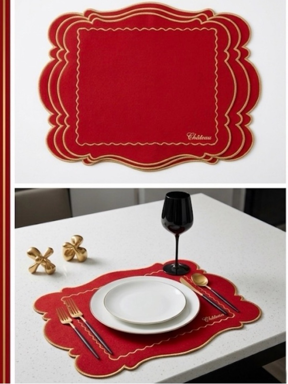 Château Red & Gold Scalloped Felt Placemats - Set of 4